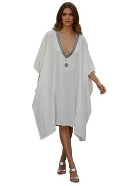 Rhea White 100% Cotton Bead Embroidered Kaftan Tunic OS Oversized‎ V-Neck Resort